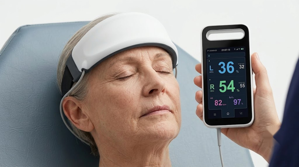 StrokeGuard headset worn by a patient with a handheld monitor showing cerebral oxygenation readings